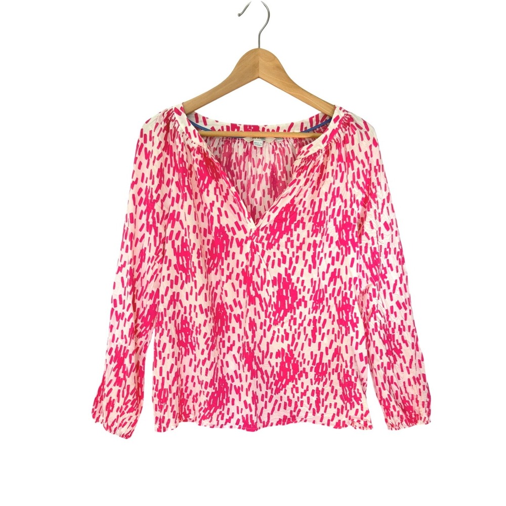 Boden Pink White Abstract Geometric Split Neck Viscose Blouse 8R